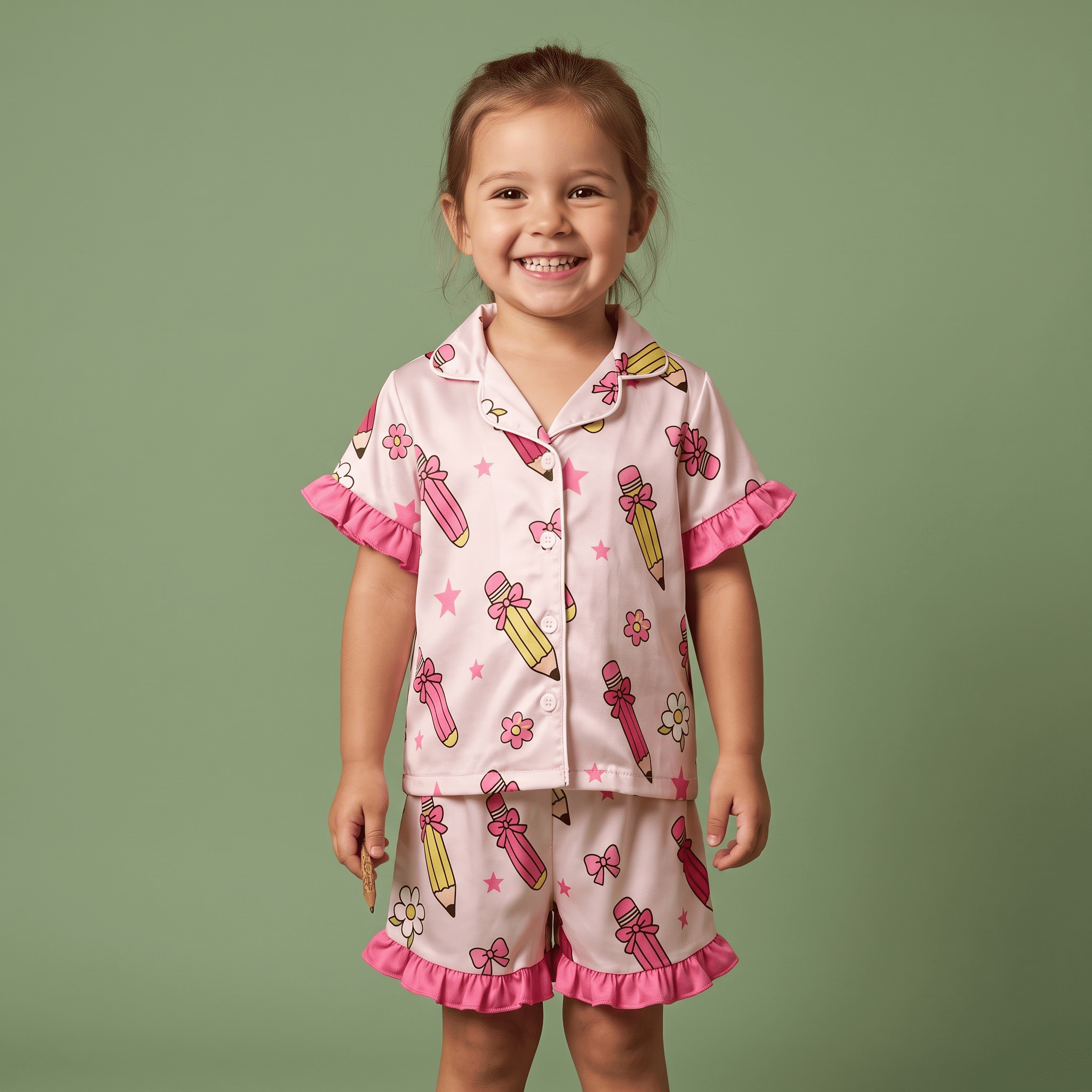 Pijama Satinada Lápices y Lazos para Niña | Lunyna
