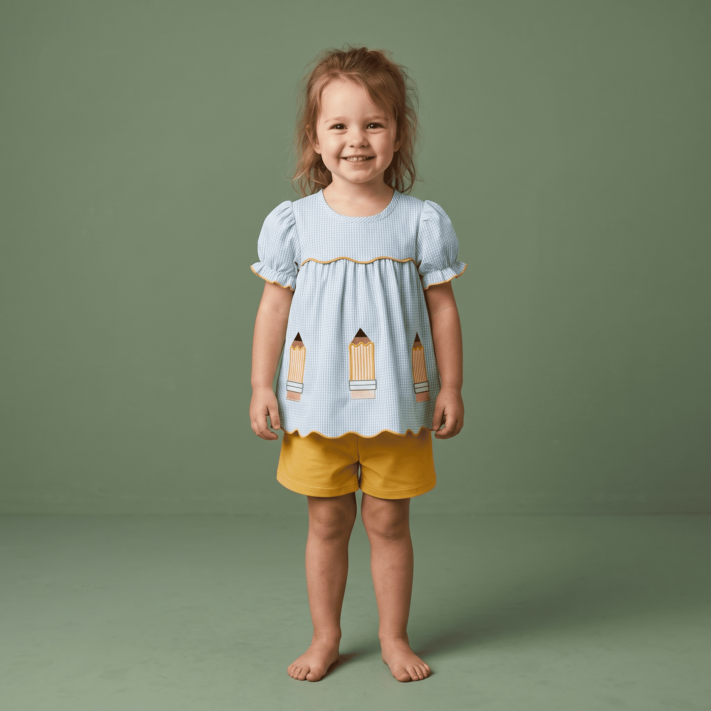 Robe Vichy Bleue et Short Jaune Crayons pour Fille | Lunyna