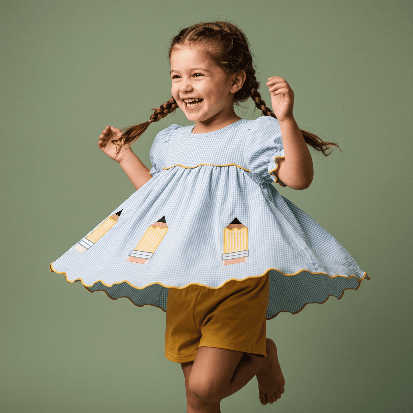 Robe Vichy Bleue et Short Jaune Crayons pour Fille | Lunyna