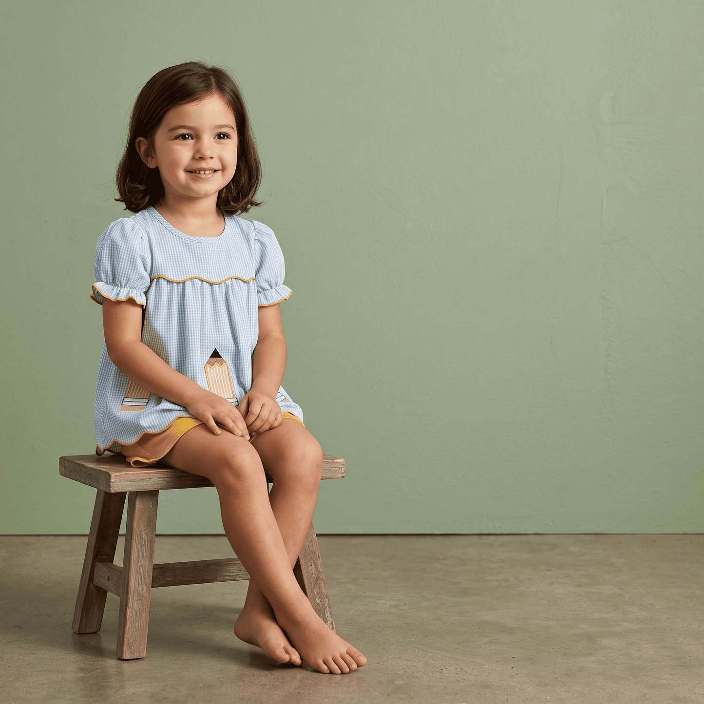 Robe Vichy Bleue et Short Jaune Crayons pour Fille | Lunyna